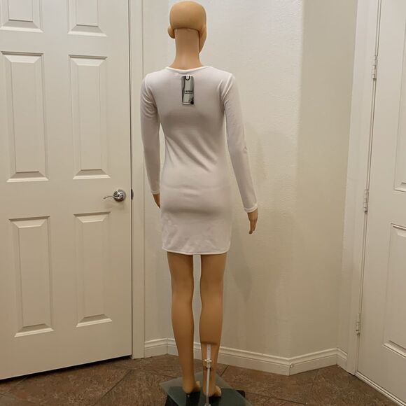 Zhuorankaili White Scoop Neck Mini Long Sleeve Side Sean’s Dress Silver Buttons - Picture 6 of 12